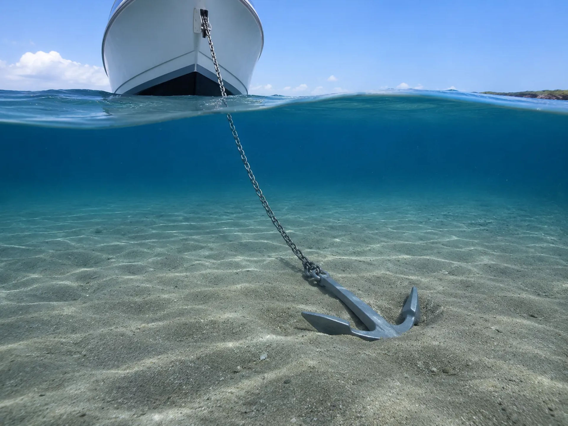 Plow anchor set securely in the sandy seabed with chain visible