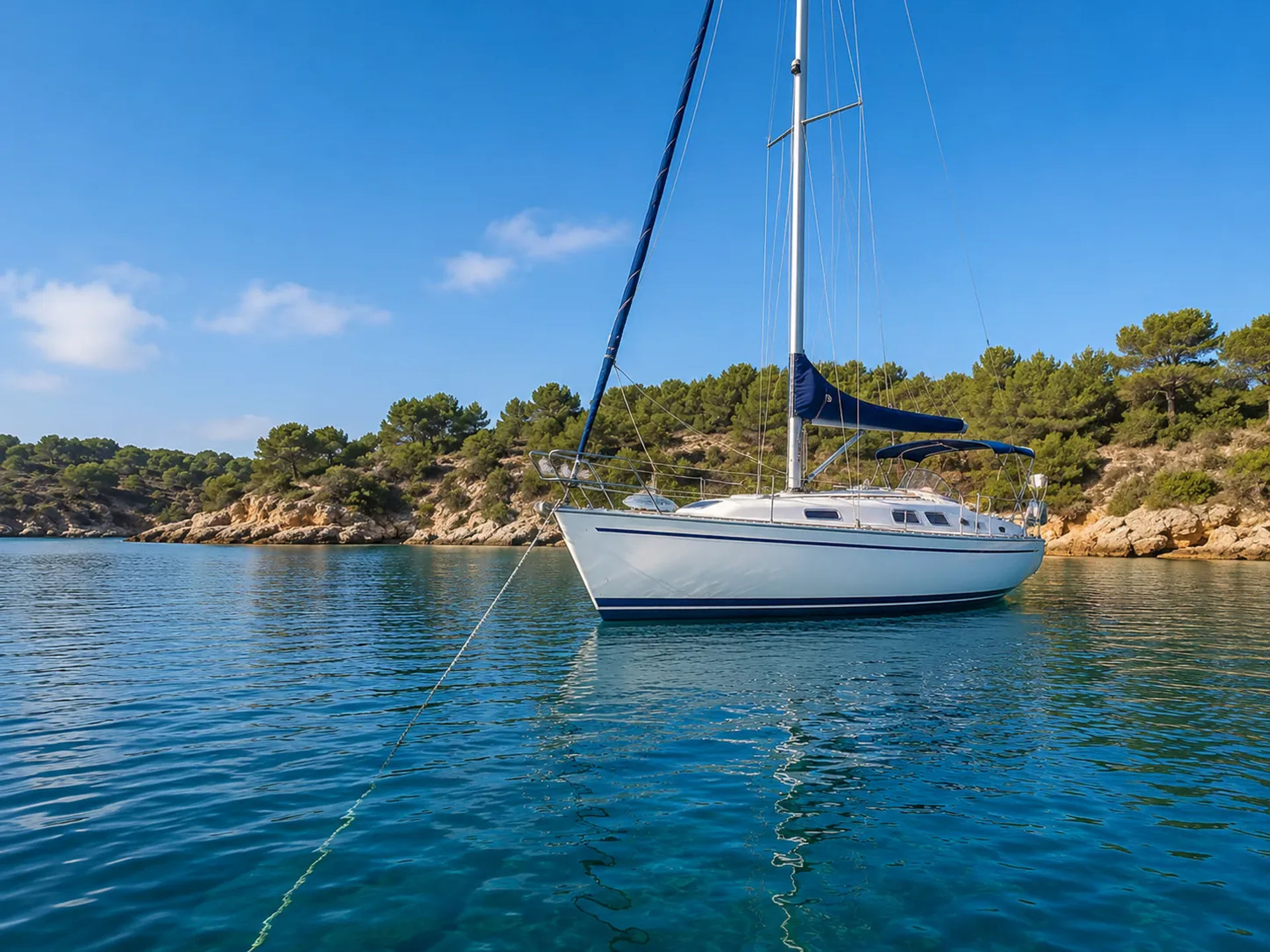 Sailboat at anchor in a calm bay with clear blue water