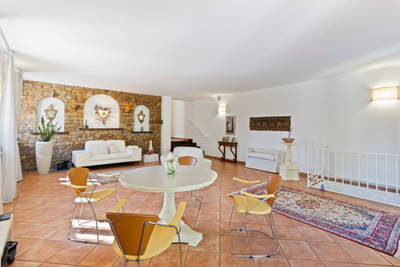 Interior living space with stone details at countryside family estate