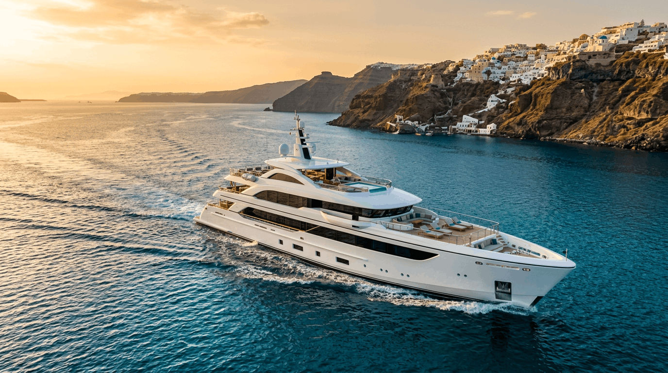 Luxury yacht cruising through crystal-clear Greek island waters