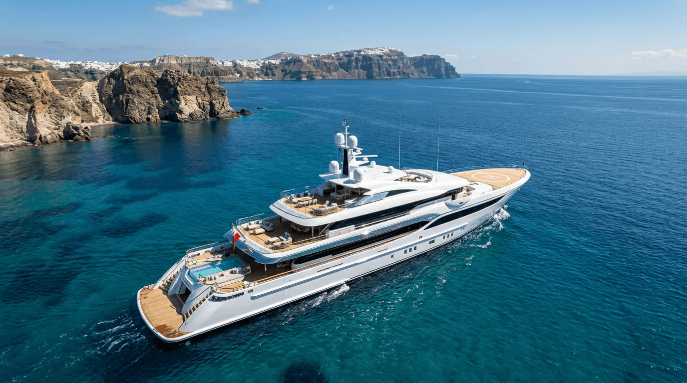 Luxury superyacht anchored near Greek island cliffs