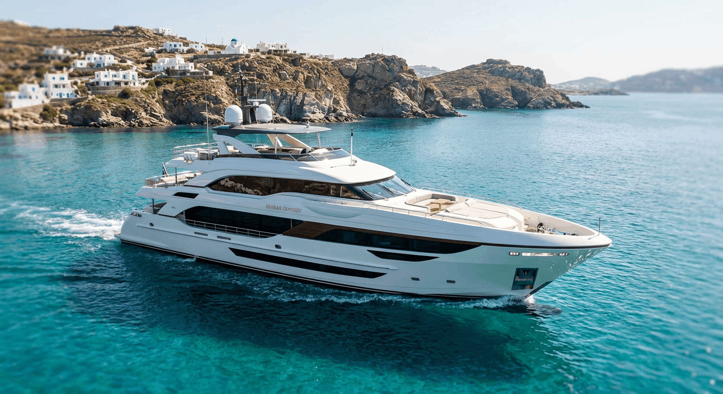 Superyacht at anchor in a secluded Greek island bay