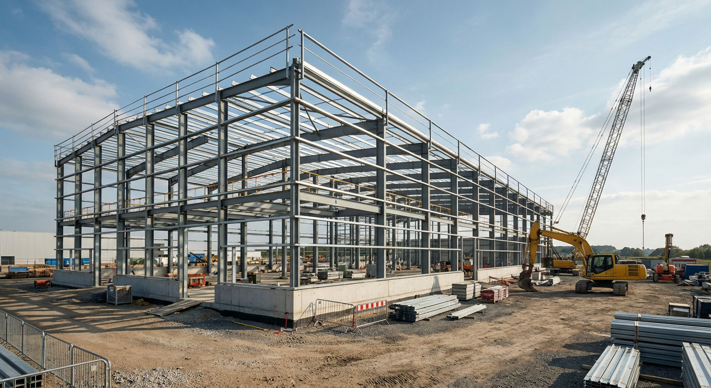 Construction bâtiment industriel en acier - Montage structure métallique pour entrepôt logistique en Suisse