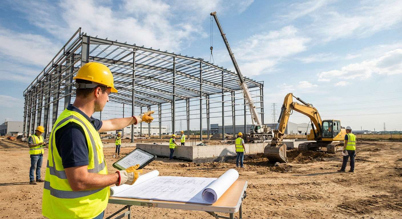 Chantier construction bâtiment industriel - Fondations et érection charpente métallique