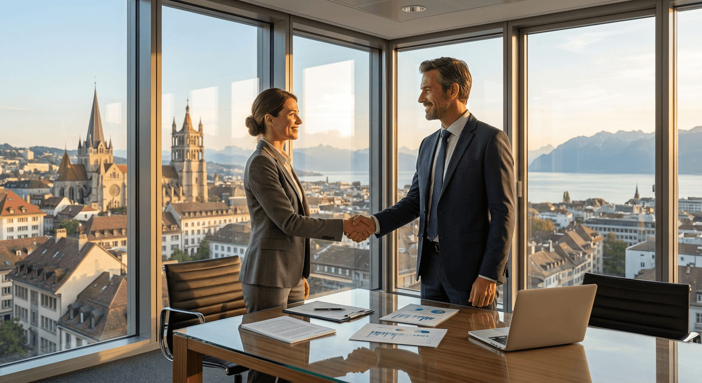 Crédit entreprise Lausanne - deux professionnels scellant un accord de financement dans un bureau moderne avec vue sur Lausanne