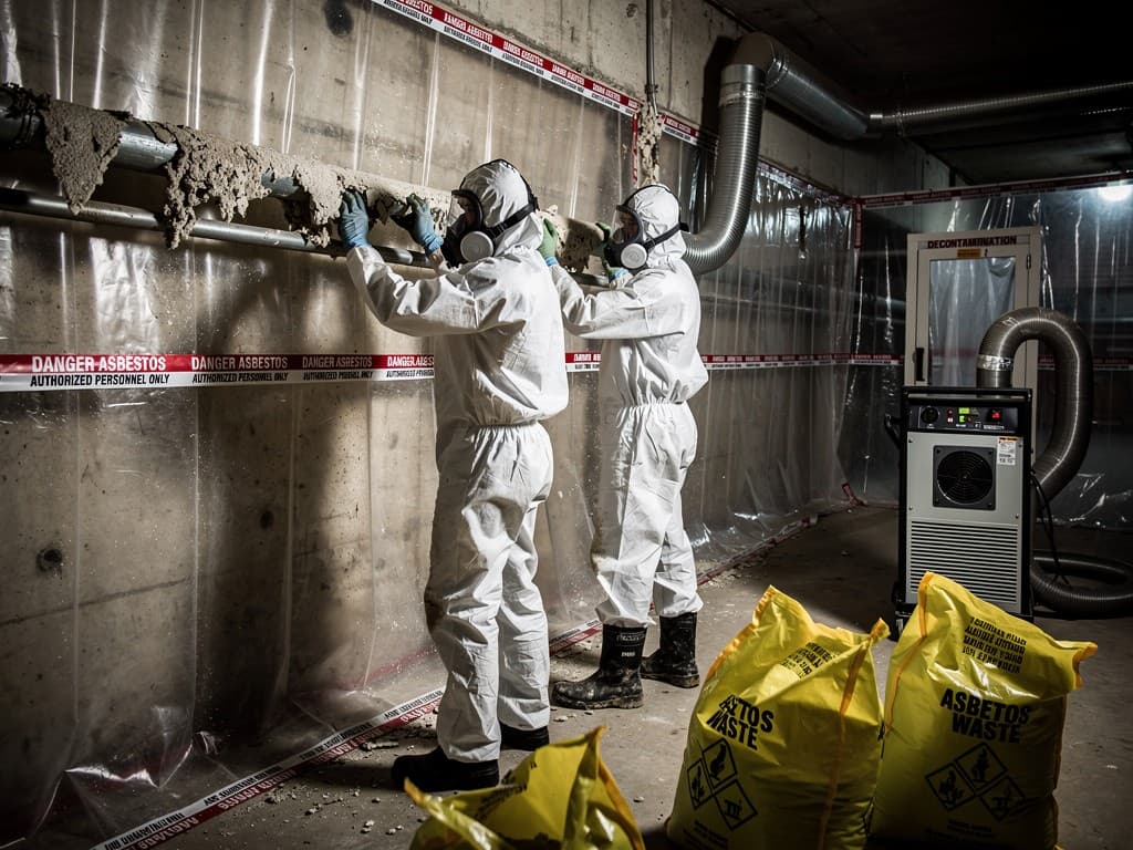 Opérateurs en combinaison blanche intégrale et masque de protection effectuant des travaux de désamiantage sur un chantier à Genève