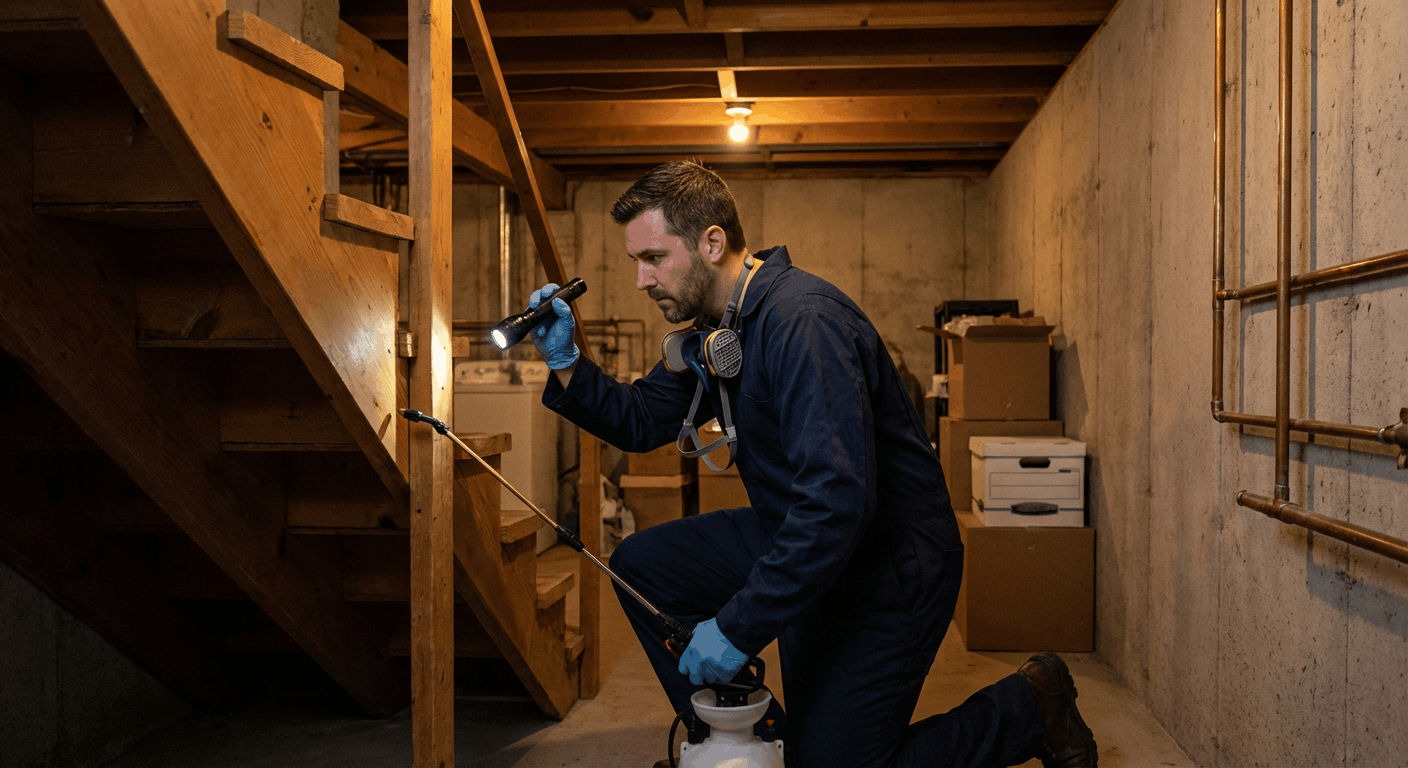 Dératiseur professionnel appliquant un traitement contre les nuisibles à Paris