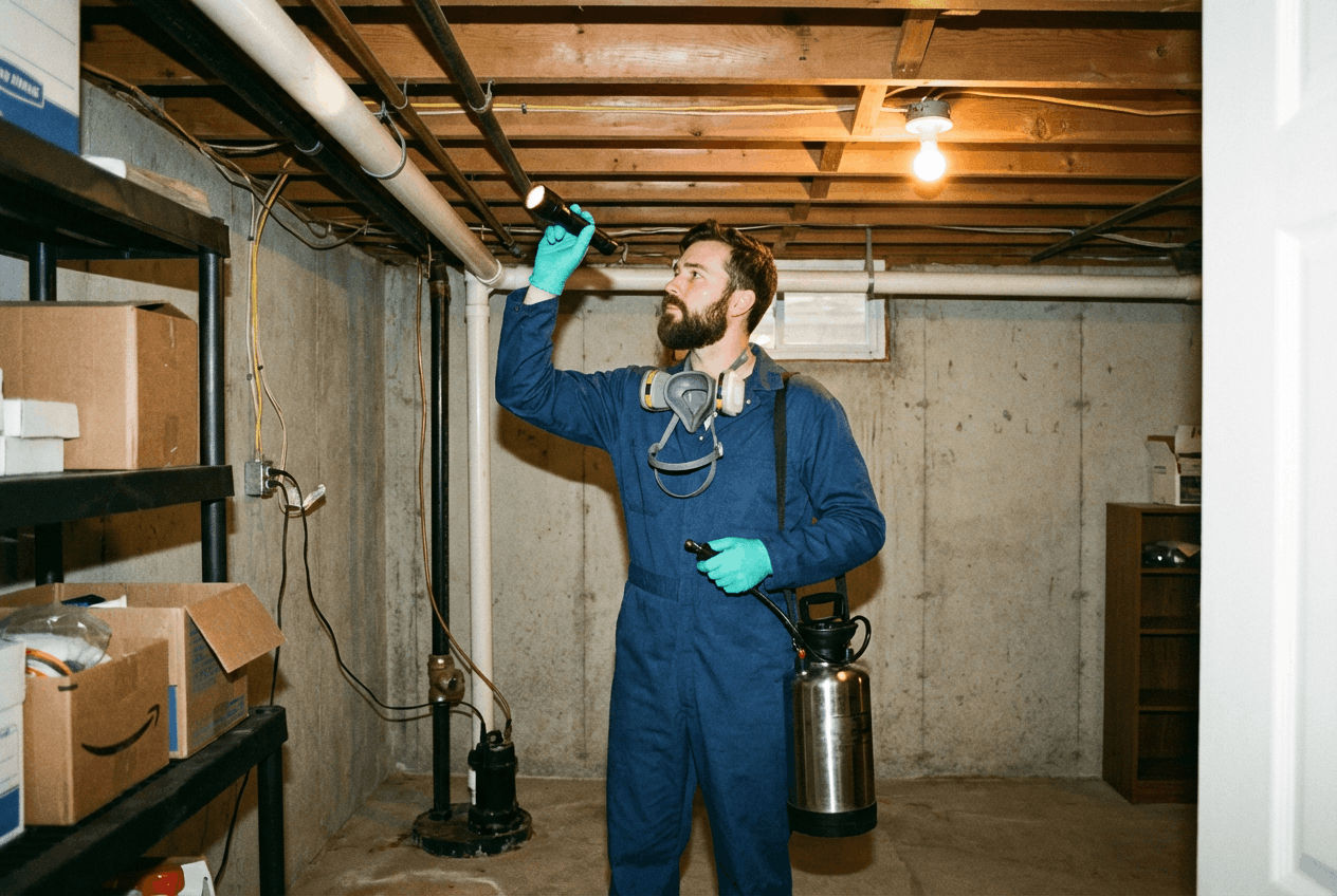 Expert en dératisation inspectant un sous-sol à Paris
