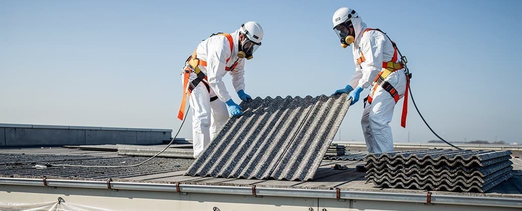 Opérateurs en combinaison blanche intégrale et masque de protection effectuant des travaux de désamiantage sur un chantier à Genève