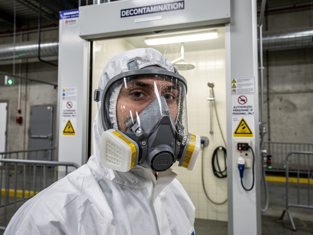 Technicien en combinaison blanche intégrale et masque respiratoire complet devant l’unité de décontamination sur un chantier de désamiantage à Genève
