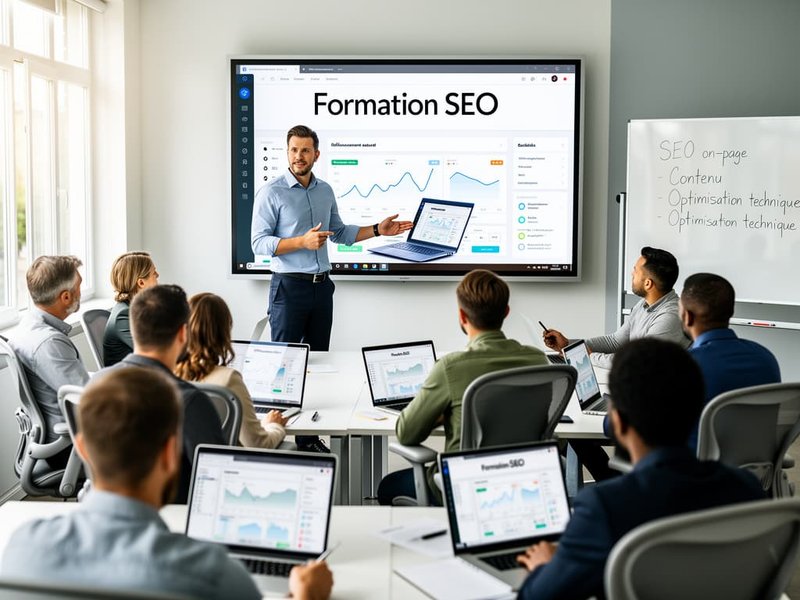 Formation SEO à Lausanne : formateur expert enseignant le référencement naturel, l'optimisation on-page et l'audit technique à un groupe de professionnels