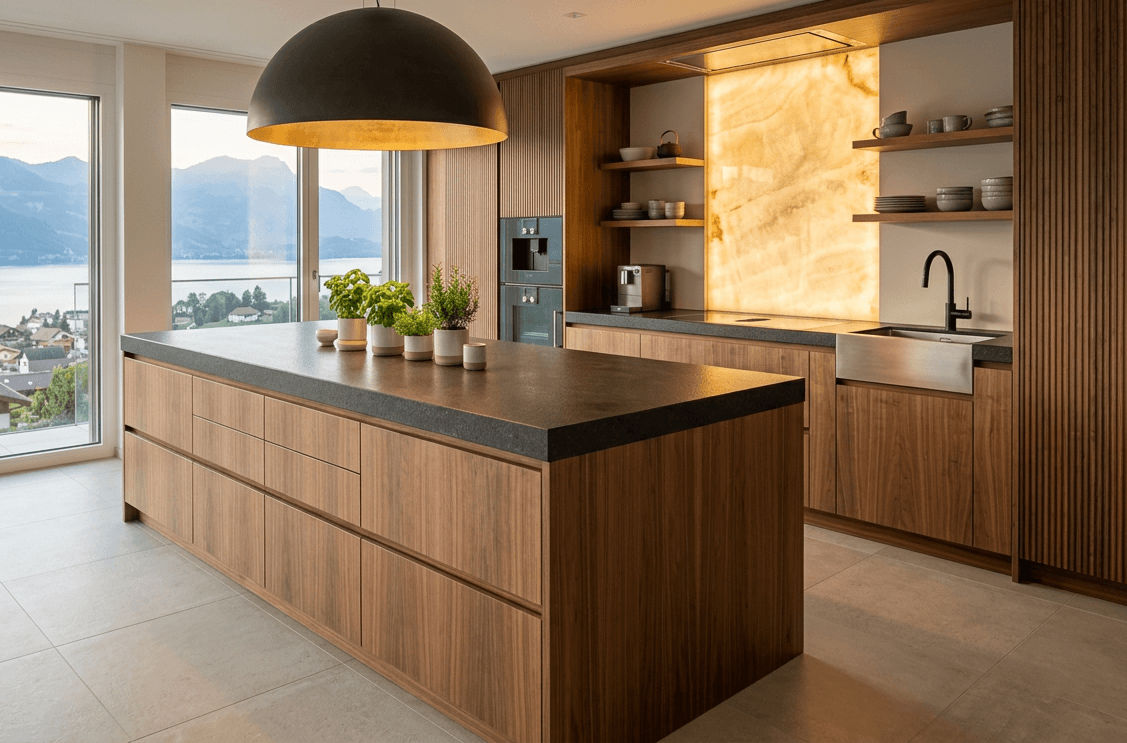 Rénovation cuisine Neuchâtel - Cuisine de luxe rénovée avec îlot central en noyer et plan de travail en Dekton