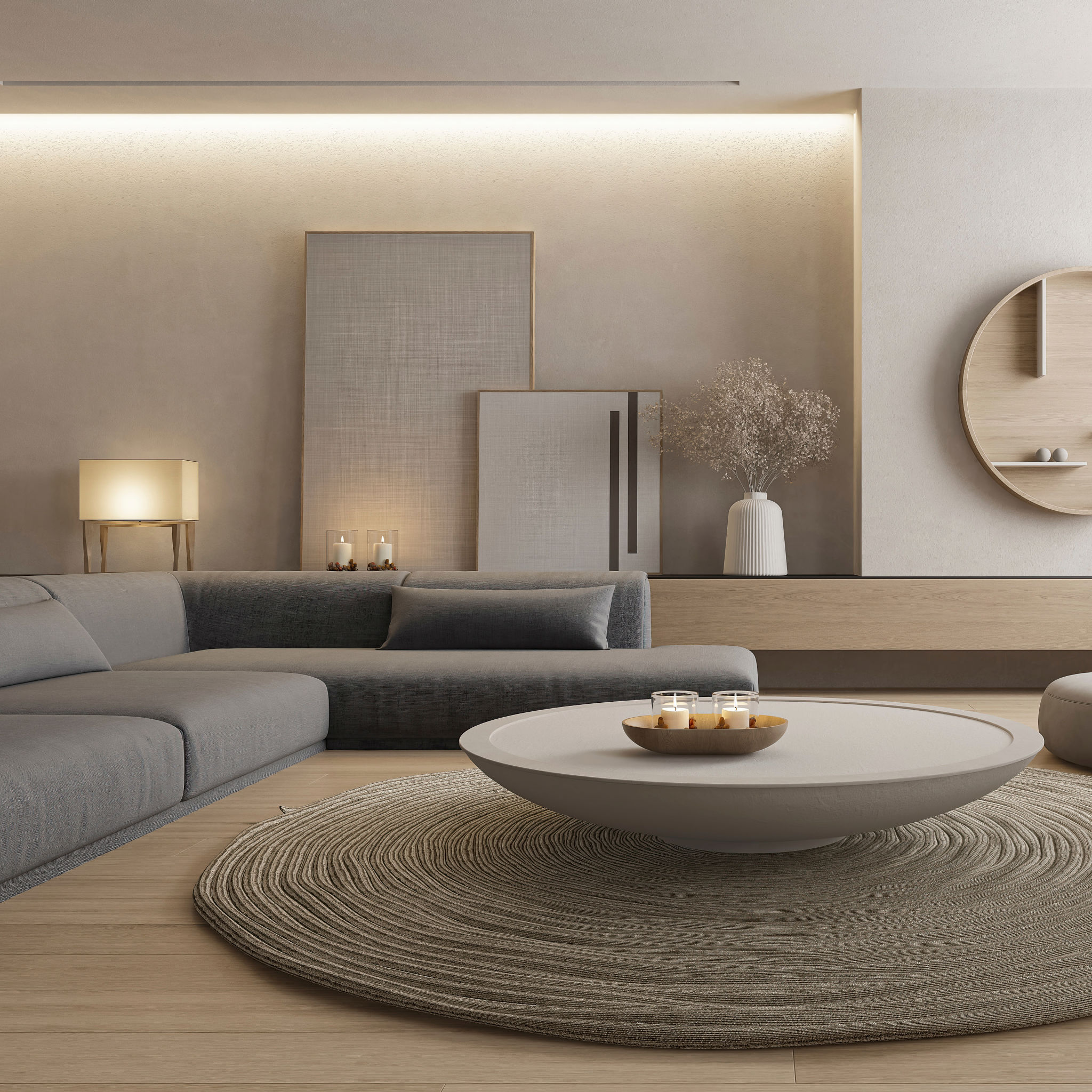 Diseño de interiores Barcelona - Salón minimalista con materiales sostenibles y acabados de alto standing