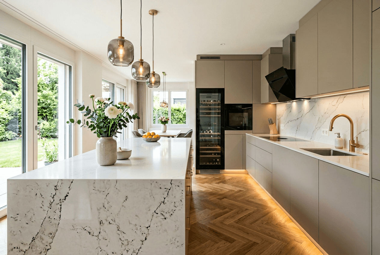Rénovation cuisine Neuchâtel - Cuisine moderne avec îlot en marbre, cave à vin intégrée et sol en chêne chevrons
