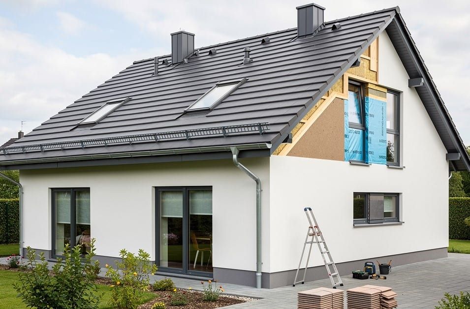 Rénovation toiture Neuchâtel - Un artisan professionnel réalise des travaux de construction sur la toiture d'un bâtiment : pose du faîtage, des gouttières, du bardage et de la sous-toiture, avec une ferblanterie de qualité et une sécurité optimale.