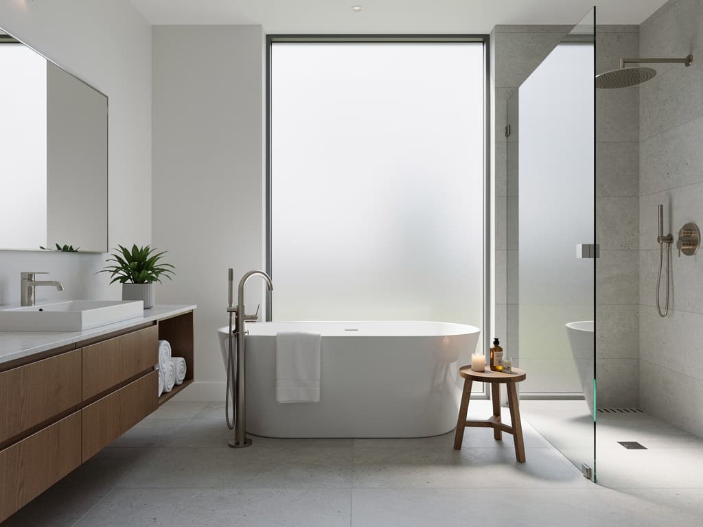 Rénovation complète avec carrelage, douche moderne et baignoire confortable