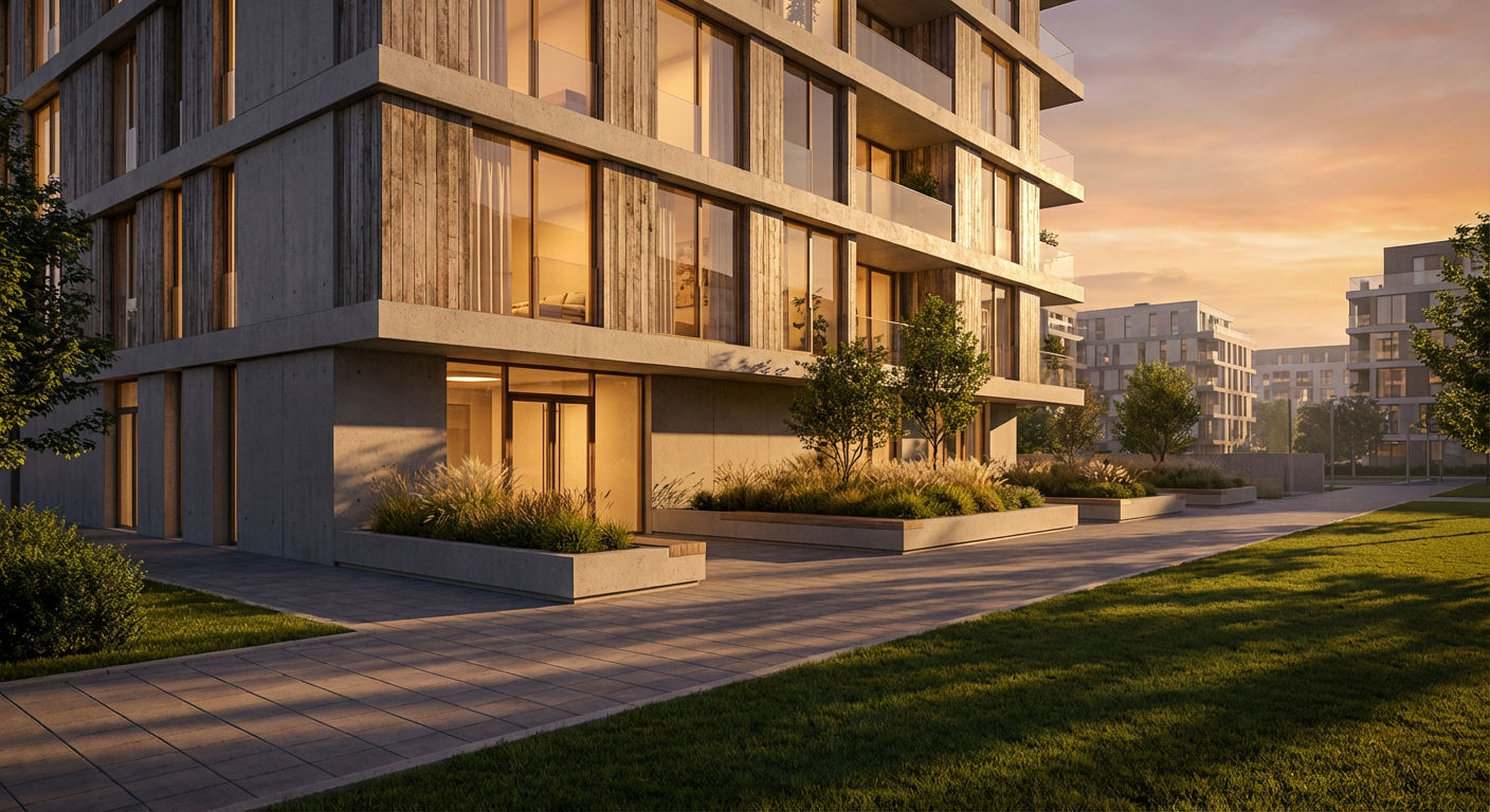 Visualisation 3D architecturale - Rendu extérieur photoréaliste d'un immeuble résidentiel moderne