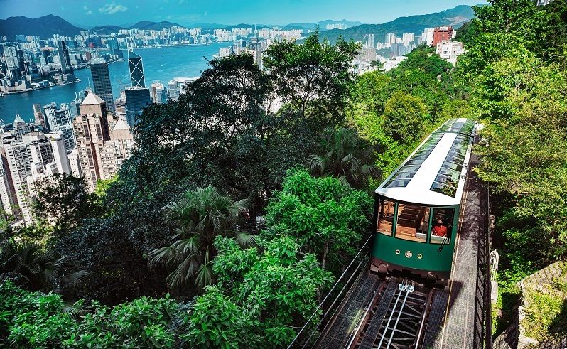 Victoria Peak Funicular Tram and View, Hong Kong, The Peak.