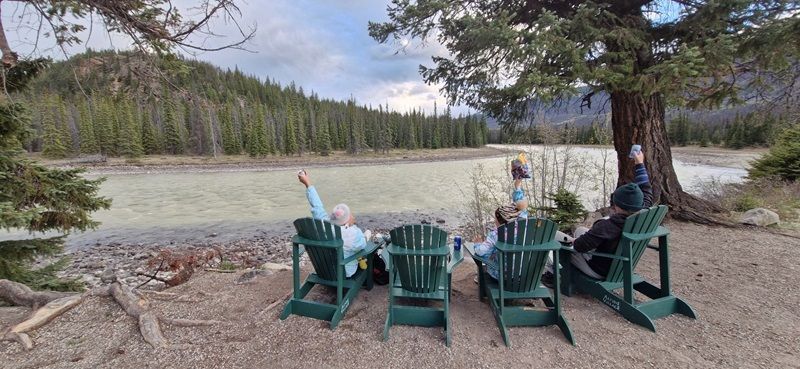 Enjoying views of the river near our cabin in Alpine Village Jasper, at 10.30pm! 