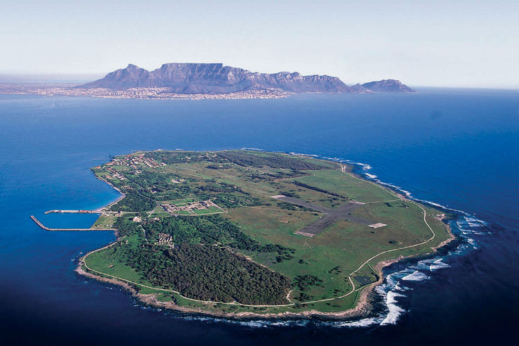 Robben Island with Table Mountain visible across Table Bay, Cape Town.