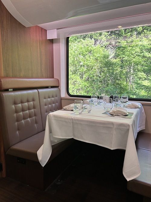 Dining carriage on the Rocky Mountaineer train Gold Leaf service