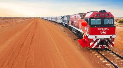 The Ghan train through the desert of Australia.