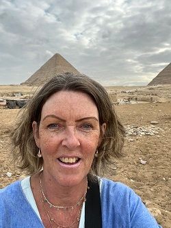 Egypt travel expert & Cruise specialist Cath Graham on 3 Continents Cruise with Celestyal Cruises at the Pyramids in Egypt