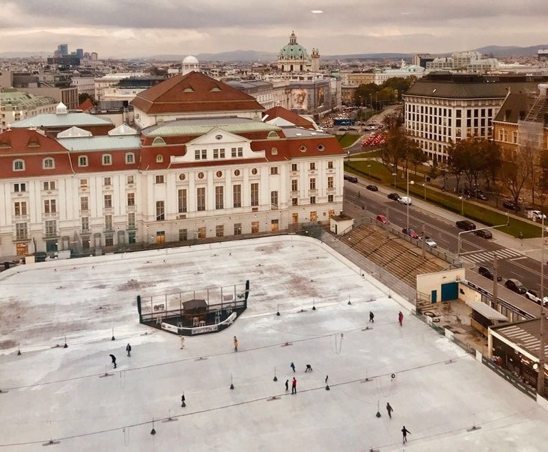 Intercontiental Vienna, ski rink behind hotel in winter.