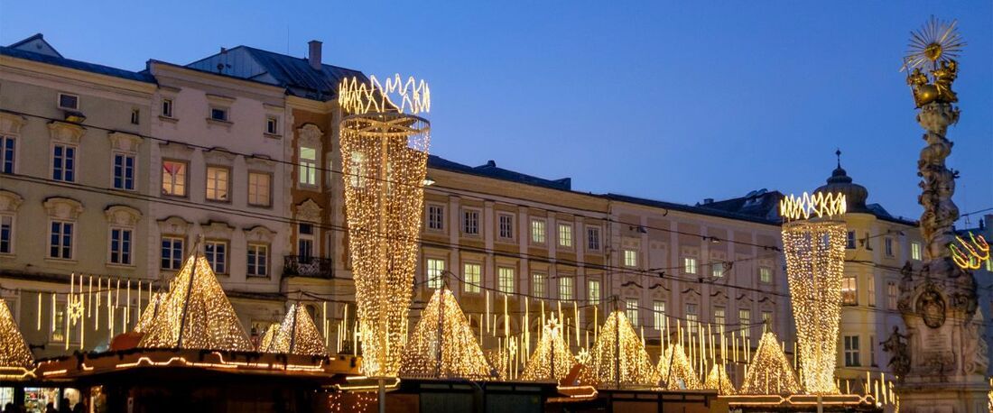 The streets of Linz decorated at Christmas time. Austria Christmas market holidays.