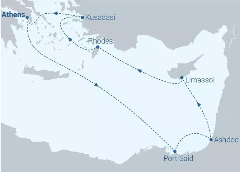 The itinerary for the 3 Continents Cruise with Celestyal Cruises, visiting Greece, Turkey, Israel, Palestine, Cyprus and Egypt.