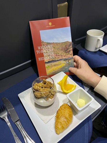 Welcome breakfast onboard the Rocky Mountaineer, Rockies to Red Rocks new rail journey.