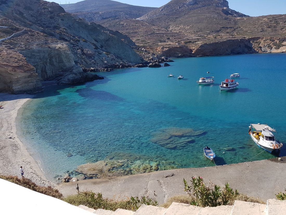 The waters around Folegandros are so clear the boats look like they are floating in shallow waters, but you can pull up for lunch at one of the seaside tavernas. Private boat charters, Greek Islands.