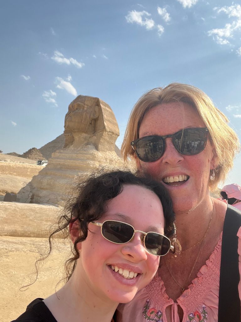 Cath and her daughter at Giza, on her small group tour of Egypt, October 2023.