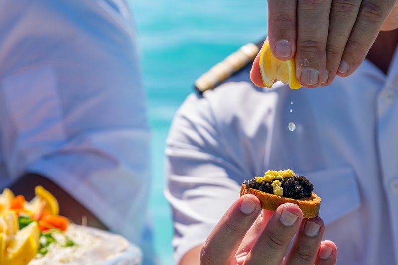 Caviar and champagne at the Seadream Yacht Club while cruising the Caribbean. 