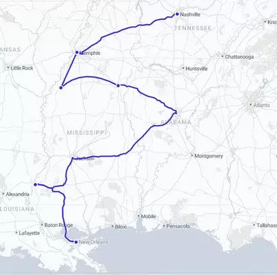 Southern USA Music Tour - Tour Itinerary Map