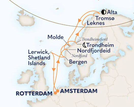 Carte de la ligne de voyage des Lumières du Nord et du détroit norvégien.