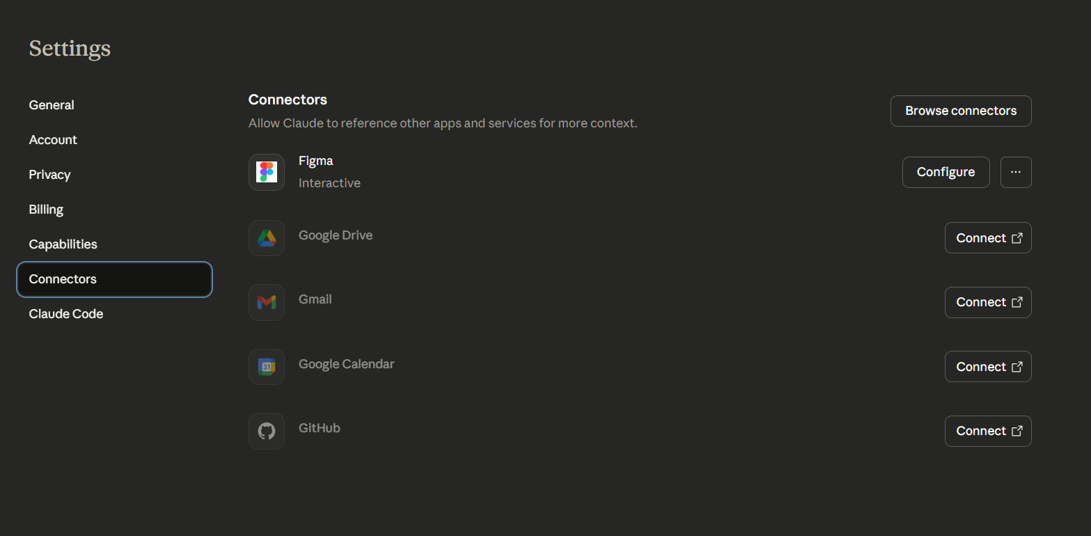 Claude Settings - Integrations page showing Figma connection option