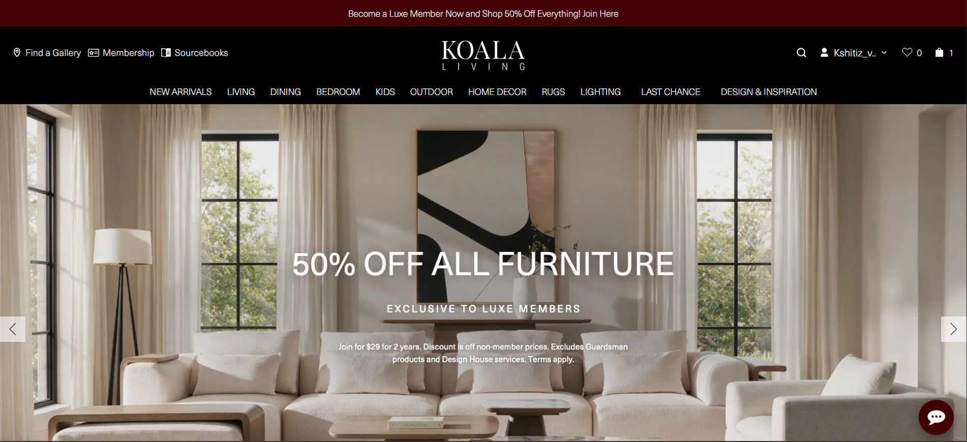 Koala Living desktop website screenshot showing navigation and the furniture homepage hero