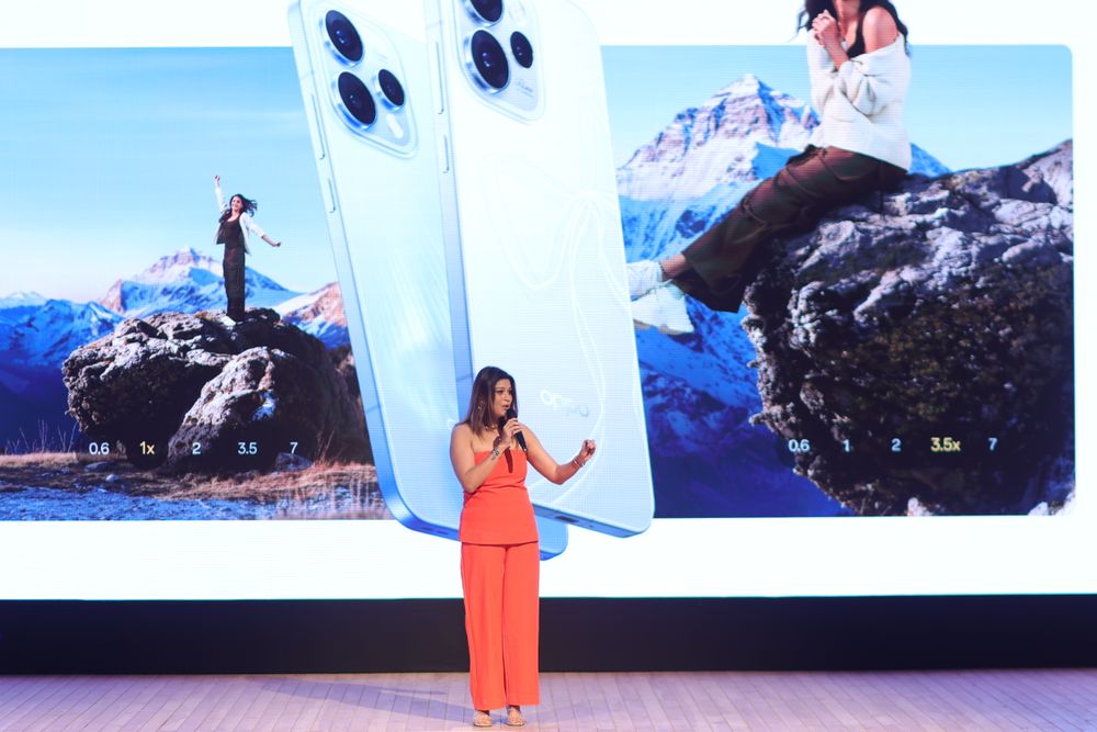 Monica Singh presenting at an OPPO smartphone launch