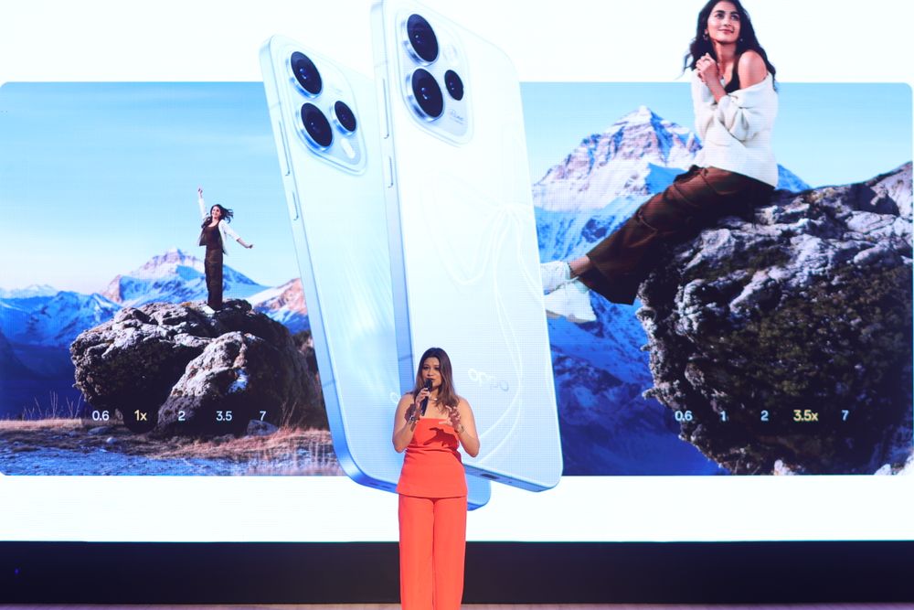 Monica Singh hosting an OPPO smartphone launch on stage