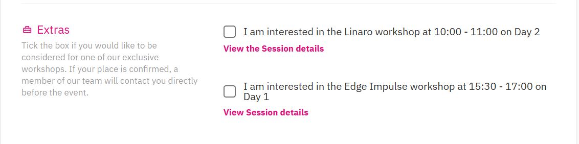 Registration form showing the Register Me for Workshops section where attendees can express interest in the Linaro workshop at 10:00 on Day 1