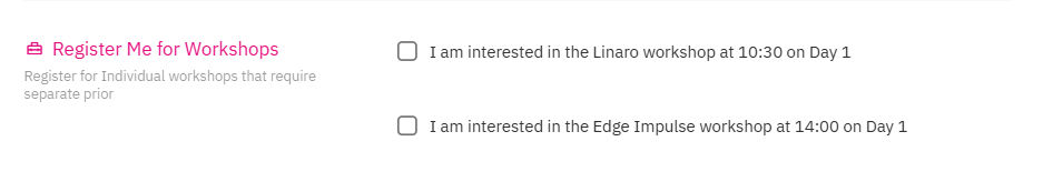 Registration form showing the Register Me for Workshops section where attendees can express interest in the Linaro workshop at 14:00 on Day 1