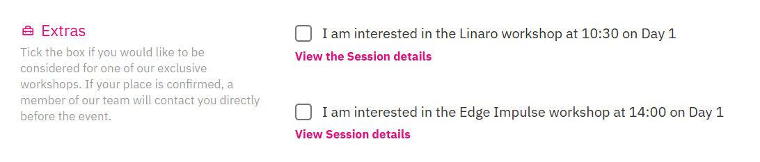 Registration form showing the Register Me for Workshops section where attendees can express interest in the Edge Impulse workshop at 14:00 on Day 1