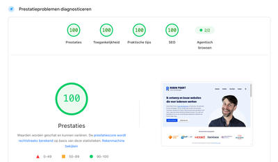 PageSpeed Insights voor deze site met honderd punten voor prestaties, toegankelijkheid, praktische tips en SEO.