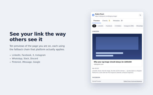 The extension panel open on the Previews tab, showing the LinkedIn preview of a page and a note that LinkedIn drops the description.