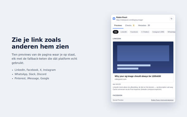 Het paneel van de extensie staat open op het tabblad Previews, met daarin de LinkedIn-preview van een pagina en de opmerking dat LinkedIn de omschrijving weglaat.