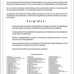 Por medio de un desplegado piden no imponer La ley de Educación en Puebla