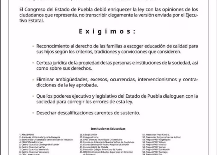Por medio de un desplegado piden no imponer La ley de Educación en Puebla