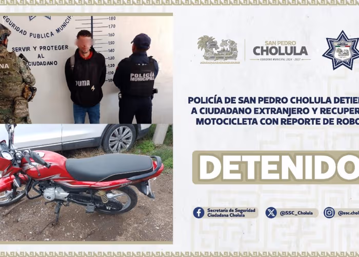 Policía de San Pedro Cholula detiene a ciudadano extranjero y recupera motocicleta con reporte de robo