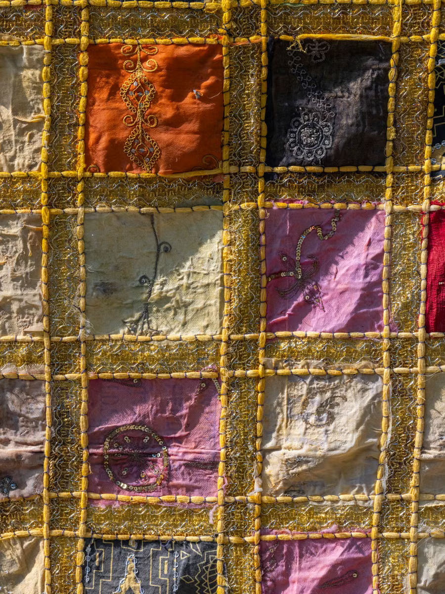 Kantha running stitches up close